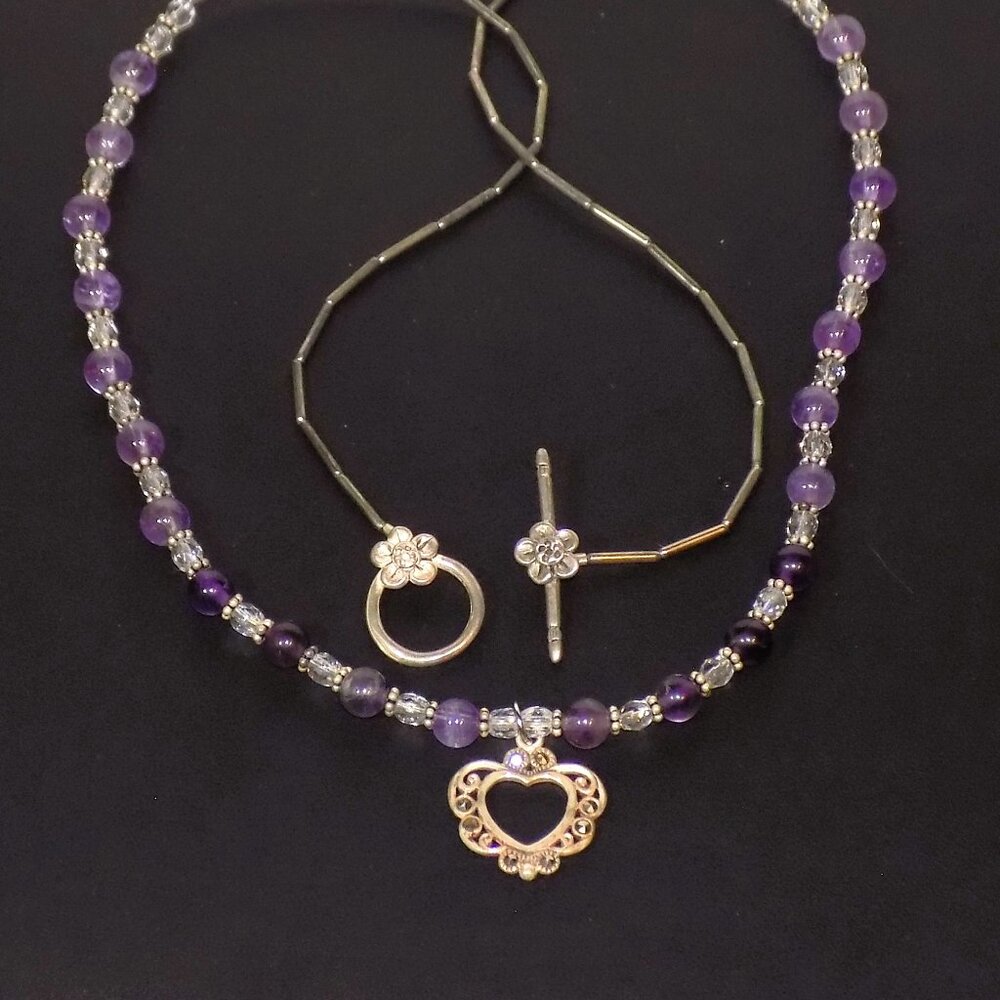 Vintage Sterling Silver, Amethyst, Marcasite & Crystal Beaded Pendant Necklace